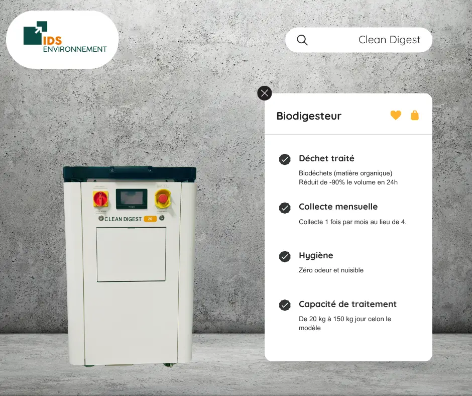 Clean Digest 20 avec fiche technique biodigesteur — biodéchets, collecte mensuelle, hygiène, capacité 20 à 150kg/jour