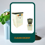 Équipement Clean Digest devant un fond de biodéchets. Ce digesteur transforme les biodéchets en poudre en 24 heures, réduisant leur volume de 80 %.