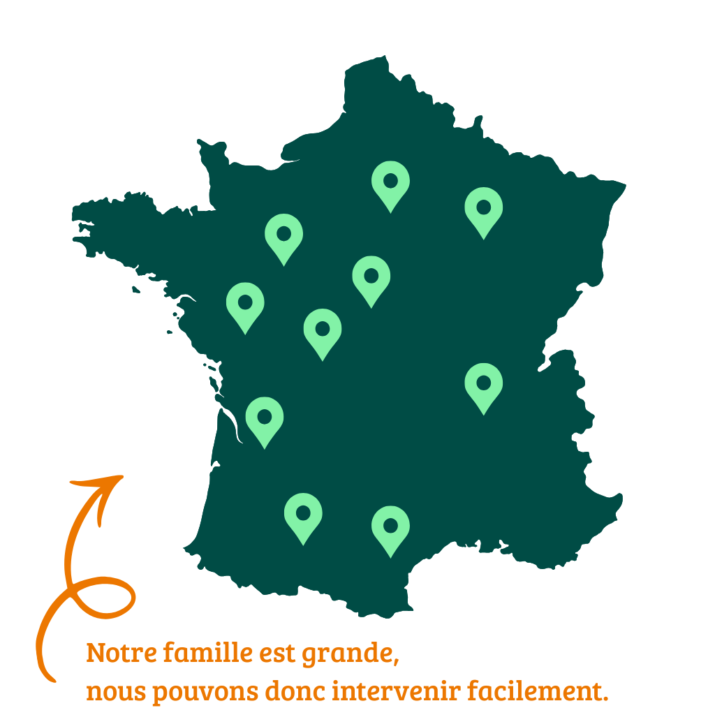 Photo de la carte d'implantation de toutes nos agences présentant les membres du réseau IDS Environnement à travers la France : Romain de Taillac (Gironde), Florent Valtier (Maine-et-Loire), Samuel Granat (Loiret), Gary Allouch (Hauts-de-Seine), Thierry Robustelly (Picardie), Fabien Malherbe (Aisne), Anthony Dominguez (Jura) et Xavier Depoix (Indre).