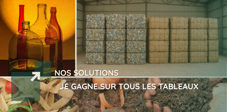 Illustration globale de la gestion de déchets : cartons, verre, métaux, biodéchets, containers et compacteurs, symbolisant toutes les solutions d’IDS Environnement.