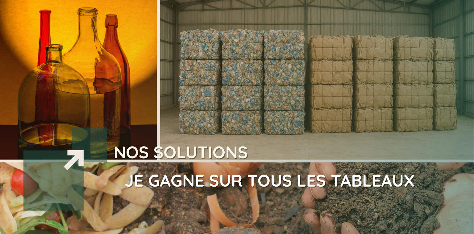 Illustration globale de la gestion de déchets : cartons, verre, métaux, biodéchets, containers et compacteurs, symbolisant toutes les solutions d’IDS Environnement.
