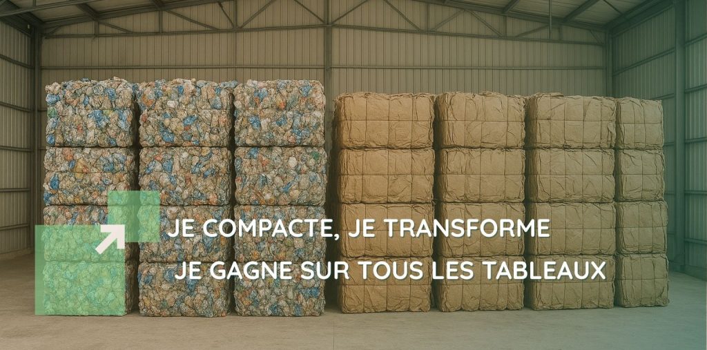 Balles de carton compactées avec le message « Je compacte, je transforme, je gagne sur tous les tableaux », illustrant les bénéfices apportés par IDS Environnement aux entreprises.