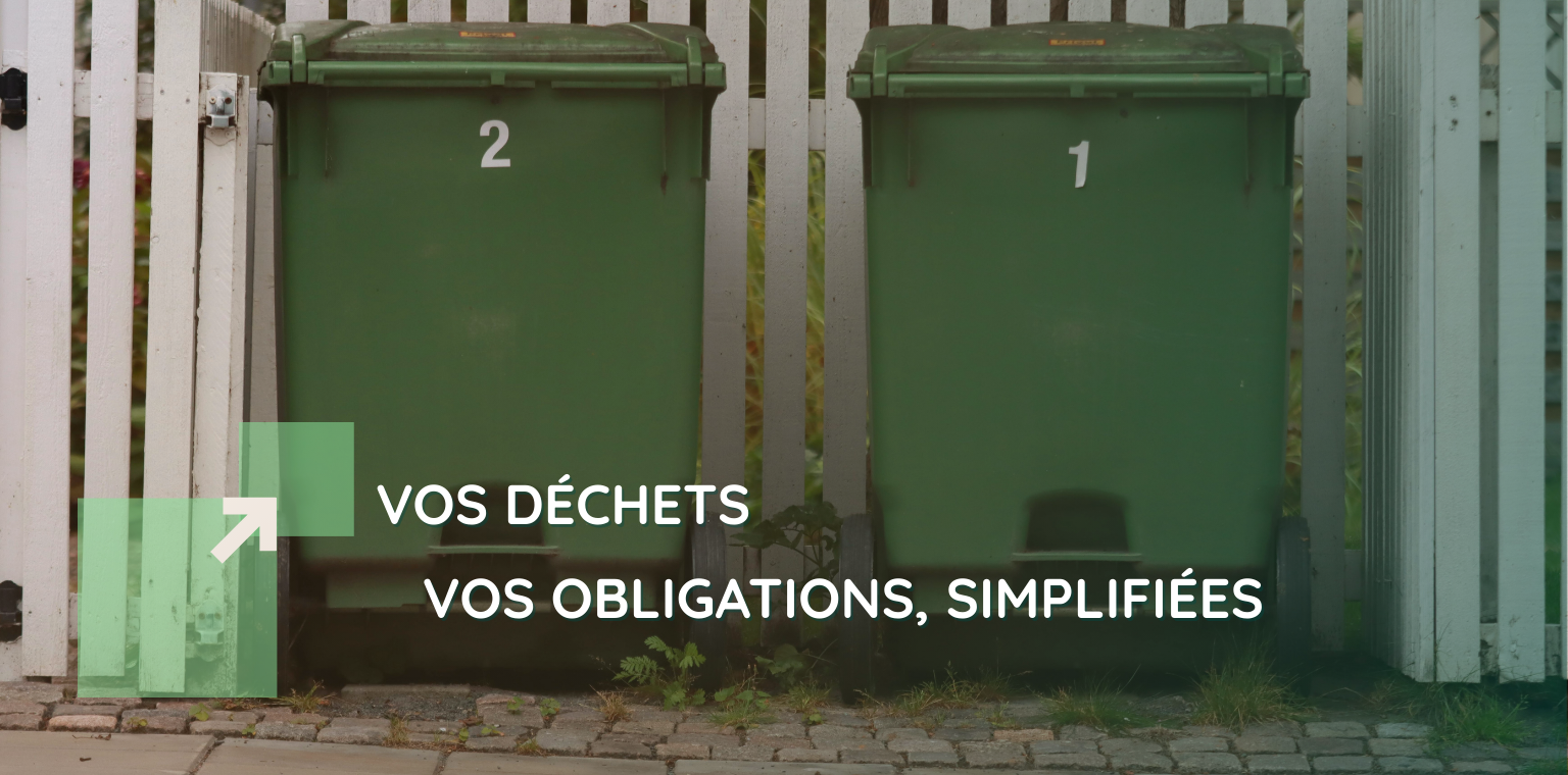 Bannière de IDS Environnement illustrant la gestion des 5 flux de déchets avec deux grandes poubelles et le titre ‘Vos déchets, vos obligations, simplifiées’.
