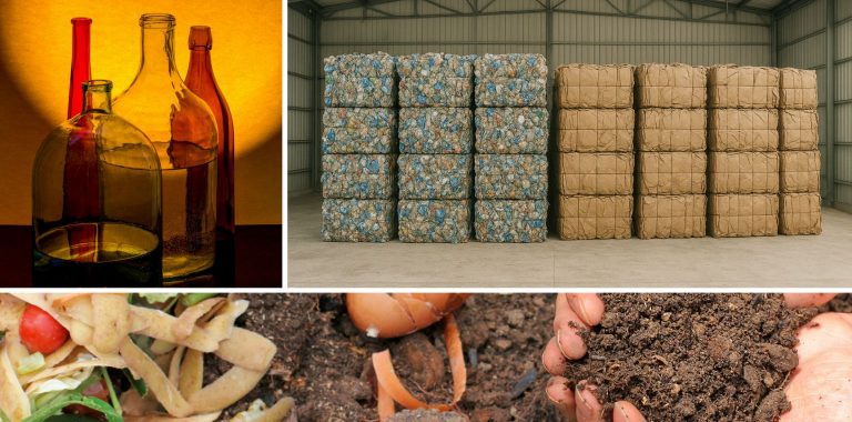 Illustration représentant différents types de déchets, dessinés à la manière de croquis au stylo rapide et colorés aux couleurs d’IDS Environnement, symbolisant la diversité des flux de déchets pris en charge par l’entreprise.