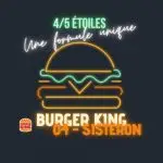 Illustration style néon représentant un burger, avec le texte "4/5 étoiles, une formule unique" et la mention Burger King 04 - Sisteron visuel de couverture de l'article de retour d'expérience IDS Environnement.