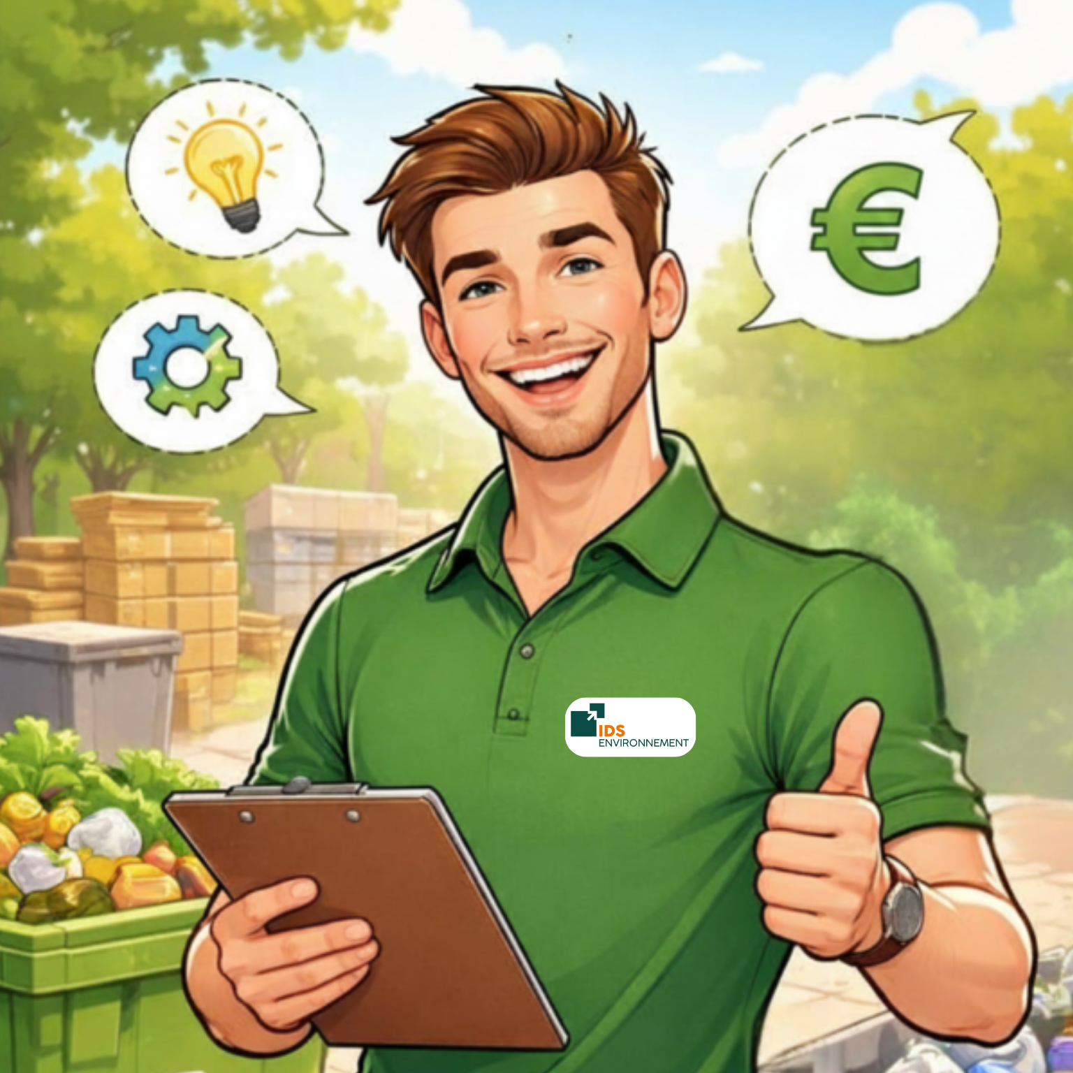 Franchisé IDS Environnement souriant sur le terrain avec clipboard, spécialiste de la gestion des déchets professionnels