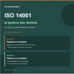 Visuel de couverture de l'article ISO 14001 IDS Environnement. Fond vert foncé avec deux encadrés mettant en avant les deux écarts majeurs constatés en audit : registres incomplets et filières de valorisation non justifiées.