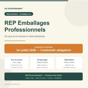 Visuel de couverture article IDS Environnement sur la REP emballages professionnels. Échéance critique : 1er juillet 2026. Trois étapes clés : tri à la source Clean Logic, compactage Clean Kompact, valorisation filière certifiée avec attestation incluse.