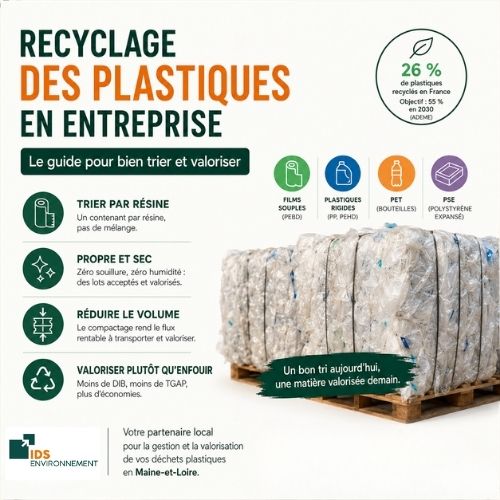 Guide du recyclage des plastiques en entreprise présentant le tri par résine, le compactage et la valorisation des films plastiques.