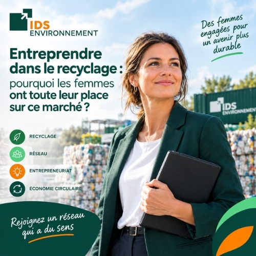 Femme entrepreneure en veste verte devant des balles de déchets compactés : entreprendre dans le recyclage avec IDS Environnement