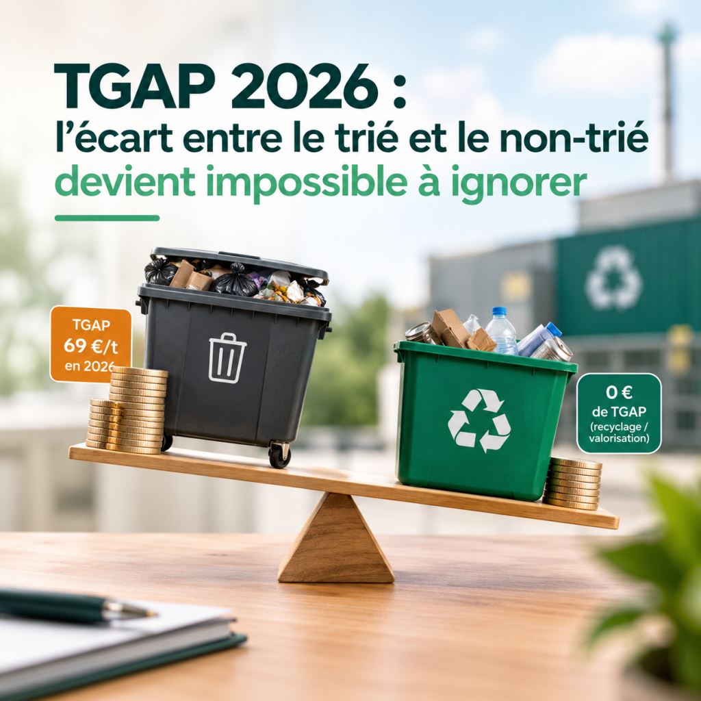 Balance comparant une benne de déchets en mélange taxée 69 €/t de TGAP et un bac de déchets triés exonéré