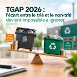 Balance comparant une benne de déchets en mélange taxée 69 €/t de TGAP et un bac de déchets triés exonéré