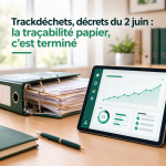 Classeur de bordereaux de suivi des déchets papier posé à côté d'une tablette affichant un tableau de bord de traçabilité numérique. Titre : Trackdéchets, décrets du 2 juin, la traçabilité papier c'est terminé.