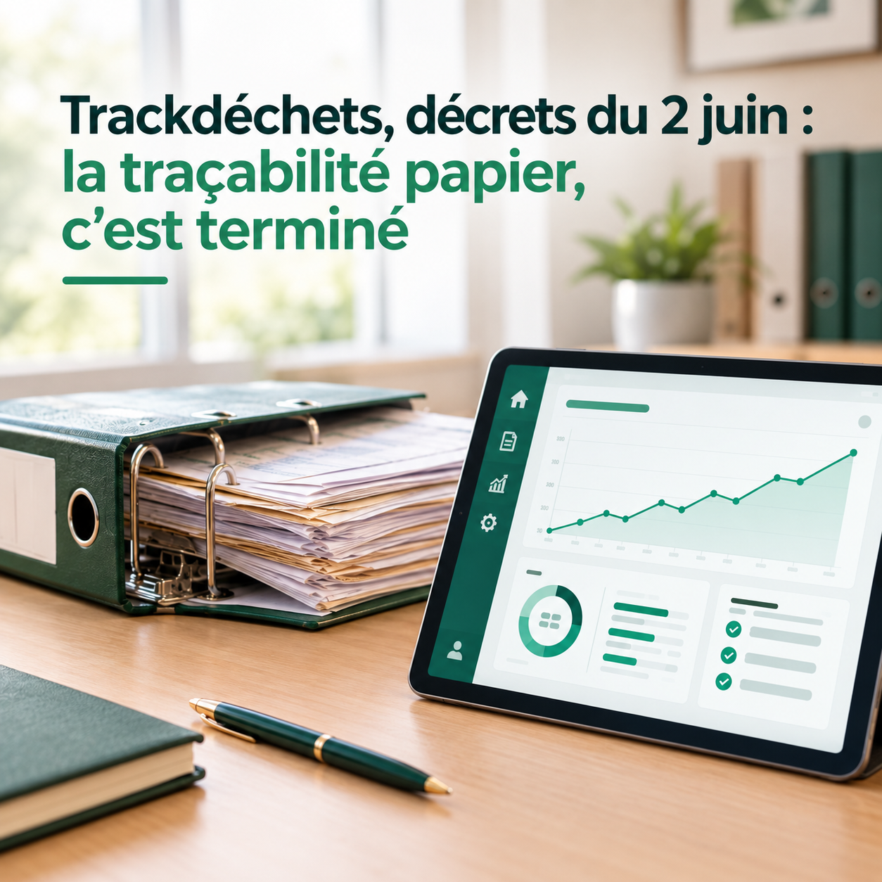 Classeur de bordereaux de suivi des déchets papier posé à côté d'une tablette affichant un tableau de bord de traçabilité numérique. Titre : Trackdéchets, décrets du 2 juin, la traçabilité papier c'est terminé.